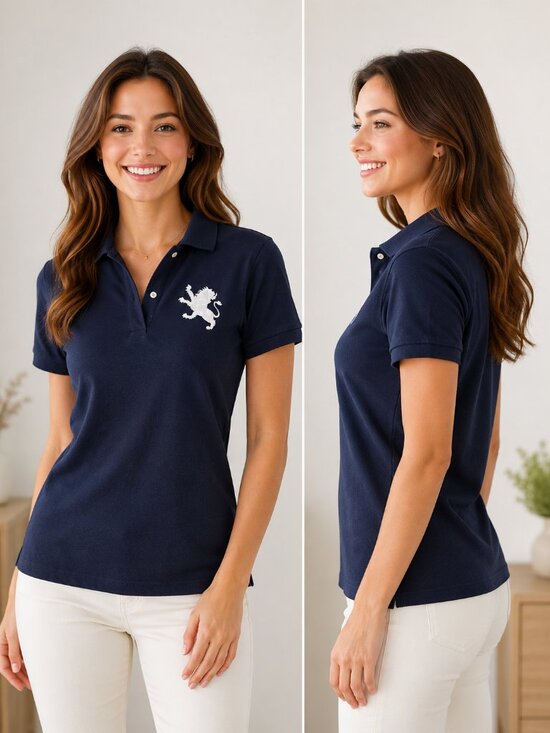 Express Tops - Express Y2K Dark Blue Fitted Top Lion Logo Womens Polo Shirt - Size Medium